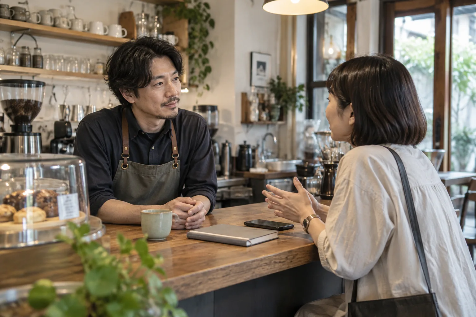 店主在櫃台聆聽顧客意見並溝通