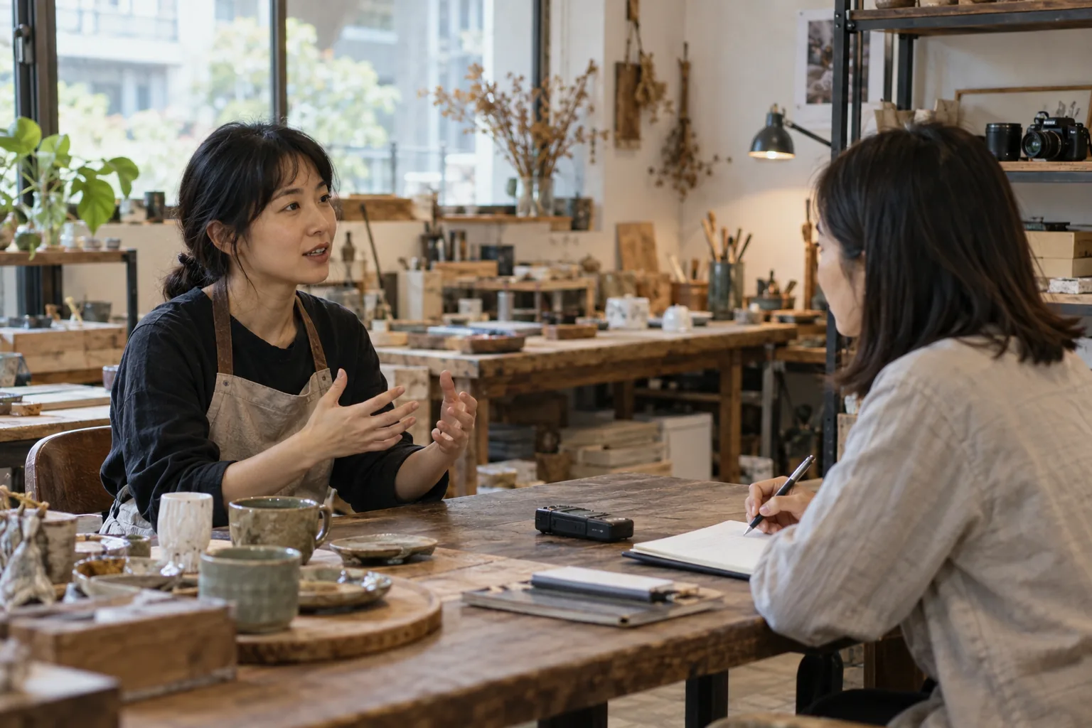 採訪者在工作室聆聽店主分享經營歷程