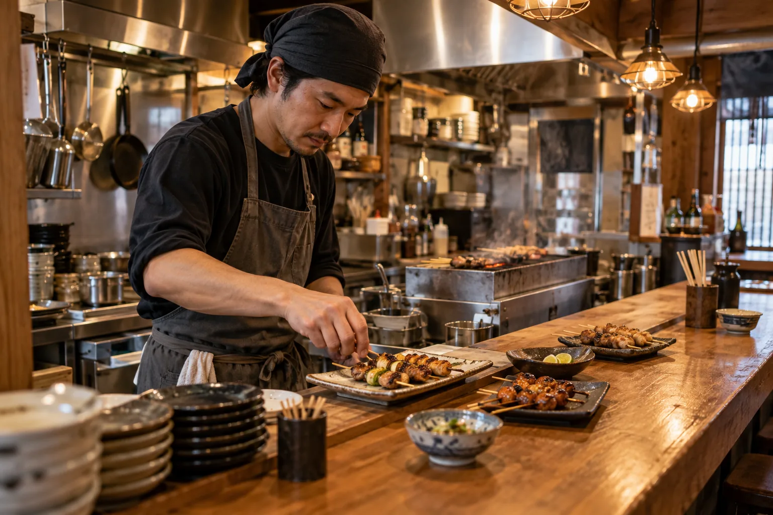 居酒屋廚師在吧台準備串燒與餐點