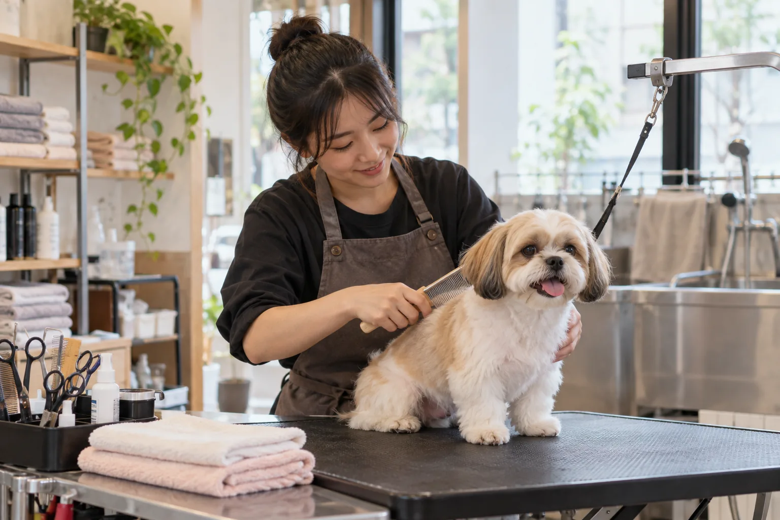 寵物美容師在工作室替小型犬梳理毛髮