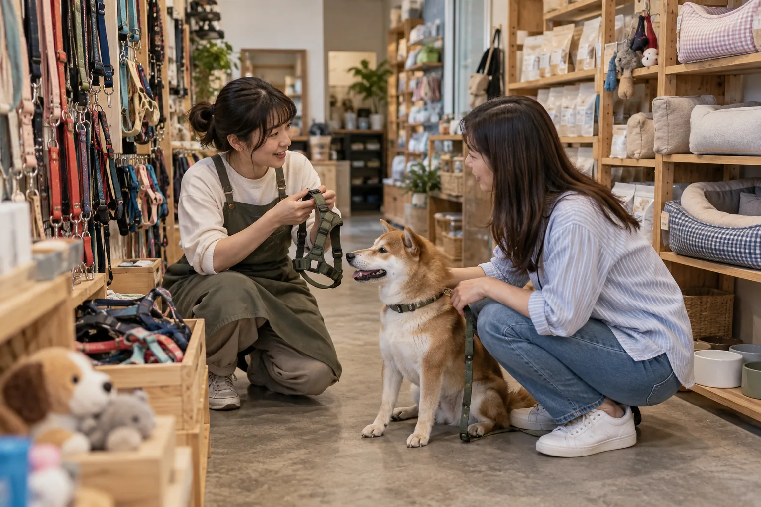 寵物用品店人員與飼主討論狗狗的胸背帶