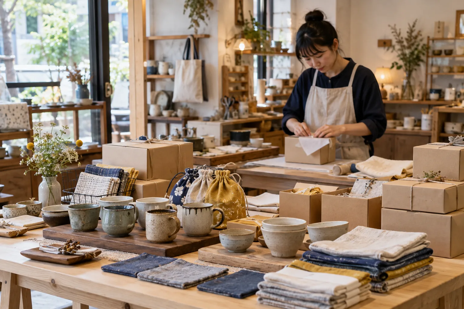 選物店陳列手作商品並整理包裝出貨