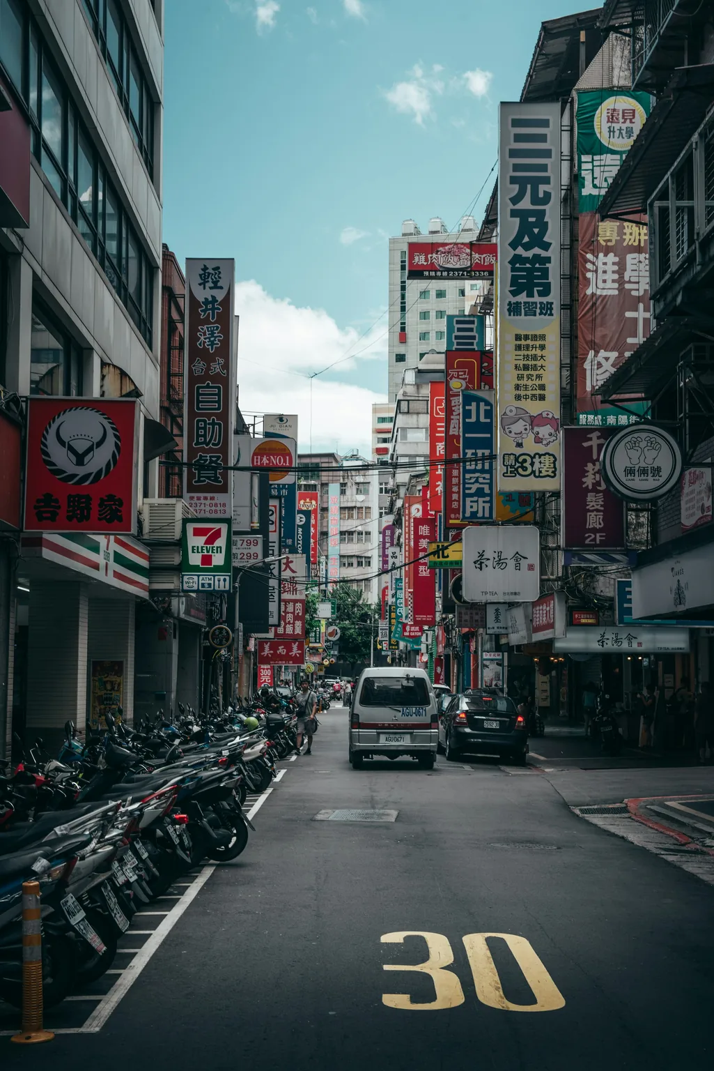 台北街道兩側的店面與停放機車
