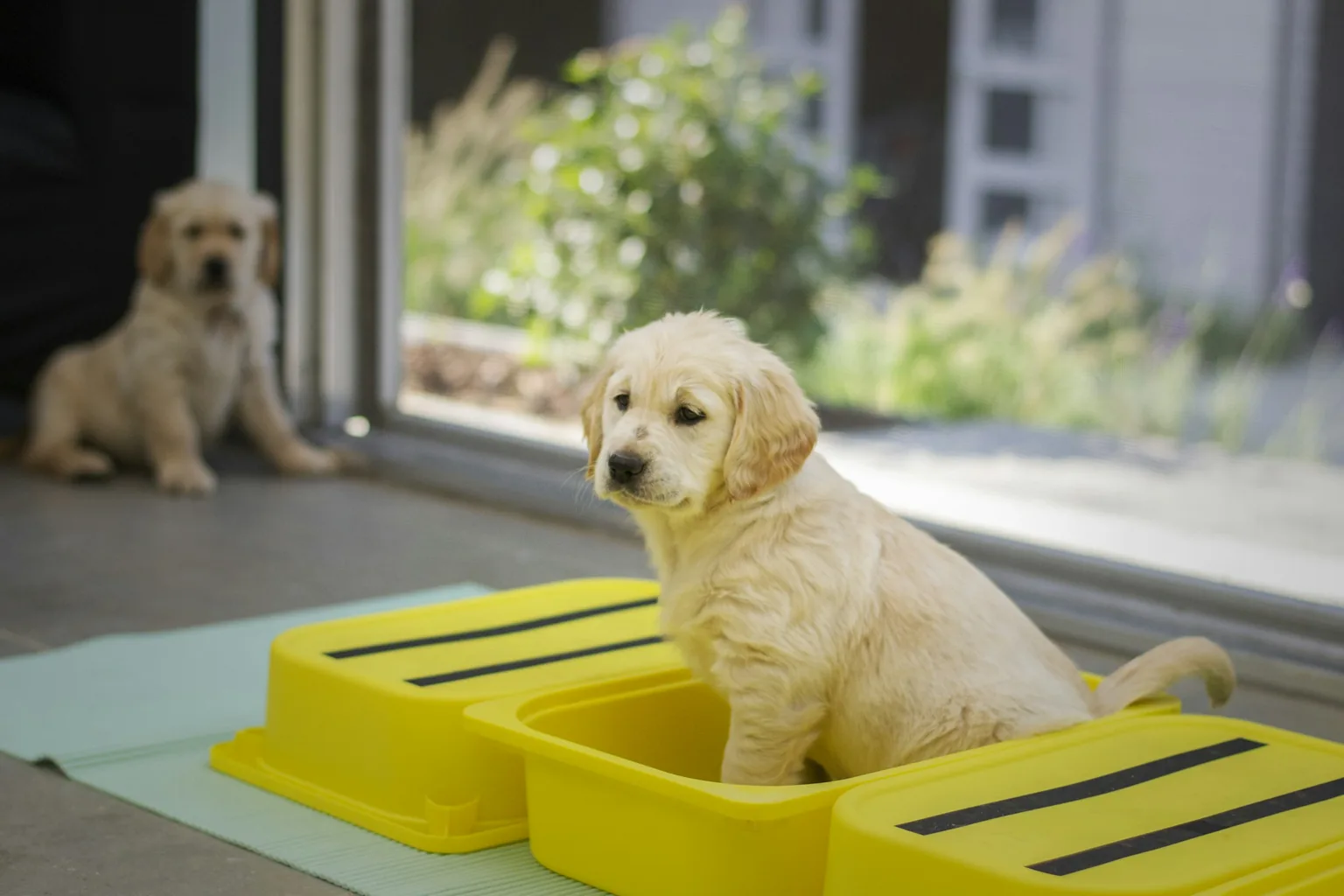 坐在黃色容器裡的幼犬